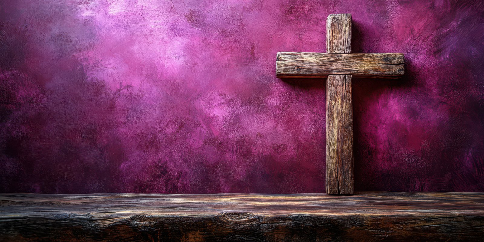 Wooden cross displayed against a textured purple background with rustic wooden table in soft lighting